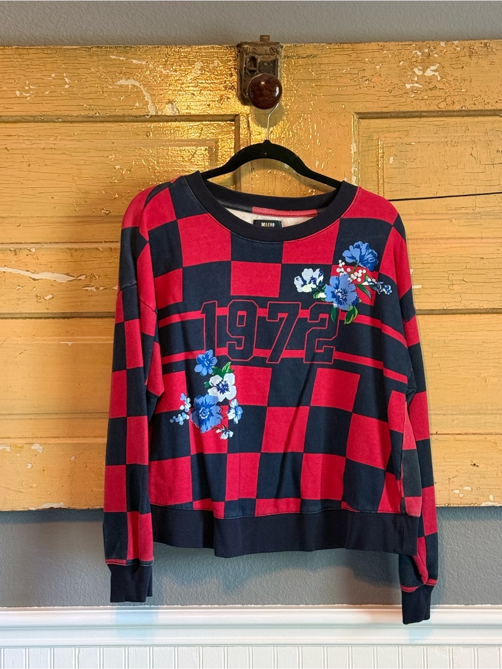 Red & Navy Check 1972 Floral Sweatshirt - Retro Women's Sweater